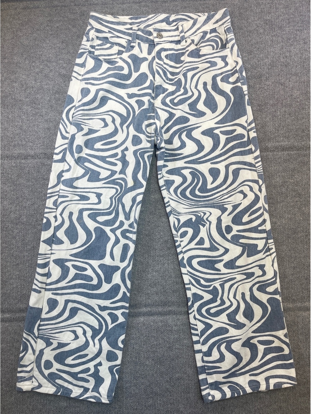 Womens Swirl Marble Print Jeans Blue White Wide Leg Straight Graphic Denim